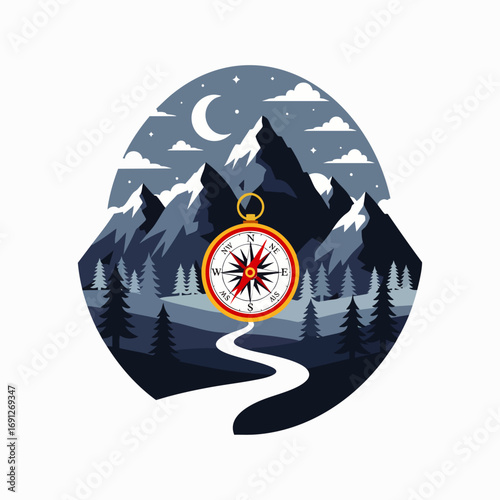 A prominent golden compass guides a winding path through a serene, star-lit mountain landscape with pine forests under a crescent moon, symbolizing adventure.