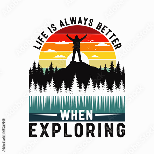 A striking retro graphic design portrays a triumphant explorer on a mountain peak at sunset, symbolizing the joy and freedom of outdoor exploration.