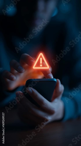 Woman using smartphone with a glowing warning icon, representing digital security threats, cybercrime, and data fraud prevention footage.