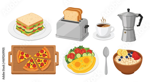 Set of flat style vector illustrations of food and drinks including pizza, omelet with salad, fruit oatmeal, sandwich, toast, coffee, and moka pot, ideal for breakfast and menu design