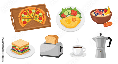 Set of flat style vector illustrations of food and drinks including pizza, omelet with salad, fruit oatmeal, sandwich, toast, coffee, and moka pot, ideal for breakfast and menu design