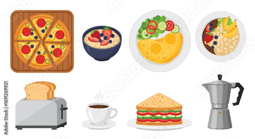 Set of flat style vector illustrations of food and drinks including pizza, omelet with salad, fruit oatmeal, sandwich, toast, coffee, and moka pot, ideal for breakfast and menu design