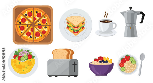 Set of flat style vector illustrations of food and drinks including pizza, omelet with salad, fruit oatmeal, sandwich, toast, coffee, and moka pot, ideal for breakfast and menu design