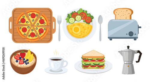 Set of flat style vector illustrations of food and drinks including pizza, omelet with salad, fruit oatmeal, sandwich, toast, coffee, and moka pot, ideal for breakfast and menu design