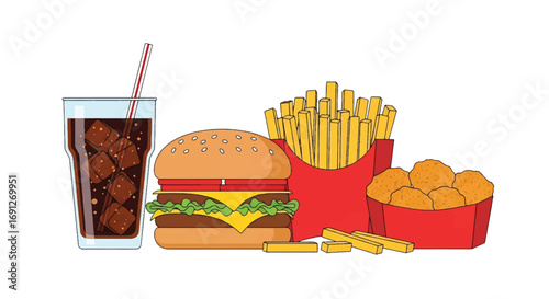Flat style vector illustration of a fast food meal with burger, fries, chicken nuggets, and soda with ice, perfect for restaurant menus, delivery promotions, and food advertising