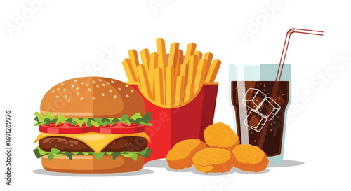 Flat style vector illustration of a fast food meal with burger, fries, chicken nuggets, and soda with ice, perfect for restaurant menus, delivery promotions, and food advertising