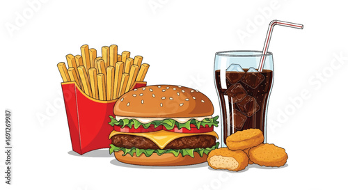 Flat style vector illustration of a fast food meal with burger, fries, chicken nuggets, and soda with ice, perfect for restaurant menus, delivery promotions, and food advertising