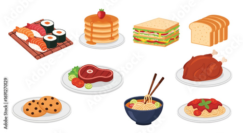 Set of flat style vector illustrations of various foods including sushi, pancakes, sandwiches, bread, ramen, roast chicken, steak with salad, spaghetti, and cookies, ideal for menu and food design