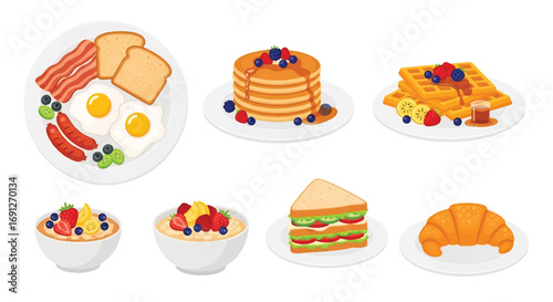 Set of flat style vector illustrations of breakfast dishes including sandwich, pancakes, waffles, oatmeal, eggs with bacon, sausage, toast, and croissant, ideal for food design and menu concepts