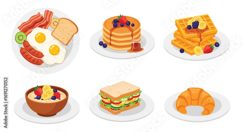 Set of flat style vector illustrations of breakfast dishes including sandwich, pancakes, waffles, oatmeal, eggs with bacon, sausage, toast, and croissant, ideal for food design and menu concepts