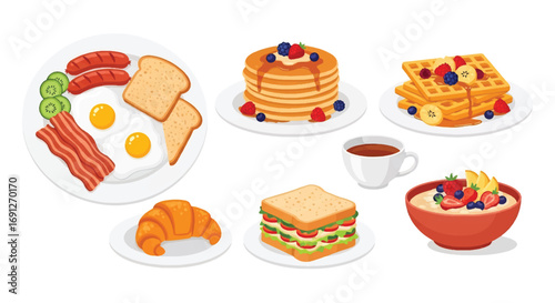 Set of flat style vector illustrations of breakfast dishes including sandwich, pancakes, waffles, oatmeal, eggs with bacon, sausage, toast, and croissant, ideal for food design and menu concepts