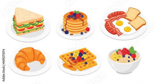 Set of flat style vector illustrations of breakfast dishes including sandwich, pancakes, waffles, oatmeal, eggs with bacon, sausage, toast, and croissant, ideal for food design and menu concepts