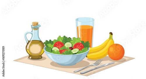 Flat style vector illustration of a healthy meal with fresh salad, fruits, olive oil, and juice on a table, perfect for nutrition, wellness, diet, and healthy lifestyle concepts
