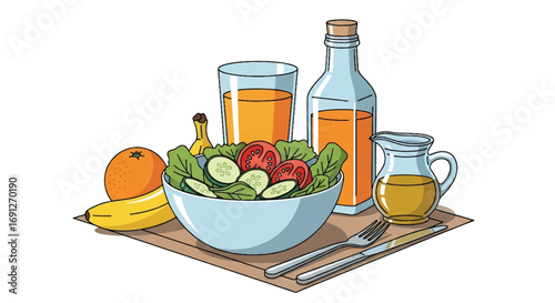 Flat style vector illustration of a healthy meal with fresh salad, fruits, olive oil, and juice on a table, perfect for nutrition, wellness, diet, and healthy lifestyle concepts