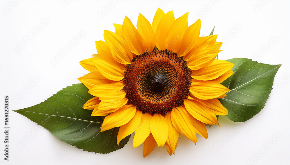 Naklejka premium Isolated Sunflower With Yellow Petals And Green Leaves On A White Background