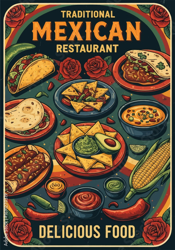 Vintage illustration of a Mexican restaurant poster featuring tacos, nachos, guacamole, enchiladas, and traditional dishes, ideal for food marketing, menu design, and restaurant advertising
