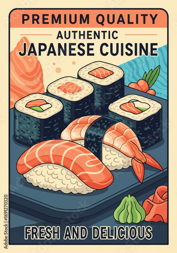 Vector art of a Japanese cuisine poster featuring fresh sushi rolls and nigiri with wasabi and garnish, promoting authentic dining, food advertising, and restaurant marketing