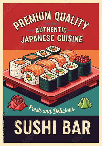 Vector art of a Japanese cuisine poster featuring fresh sushi rolls and nigiri with wasabi and garnish, promoting authentic dining, food advertising, and restaurant marketing