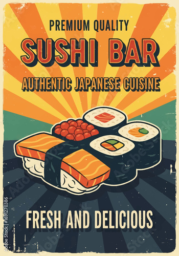 Vector art of a Japanese cuisine poster featuring fresh sushi rolls and nigiri with wasabi and garnish, promoting authentic dining, food advertising, and restaurant marketing