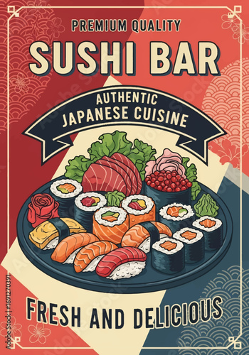 Vector art of a Japanese cuisine poster featuring fresh sushi rolls and nigiri with wasabi and garnish, promoting authentic dining, food advertising, and restaurant marketing