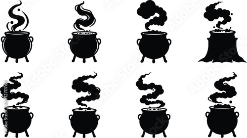 Cauldron silhouettes with swirling steam and magical contents for Halloween, fantasy design, witchcraft themes, spooky vector art, and mystical brewing