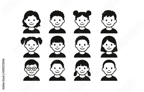 Silhouette set of diverse happy children faces in black and white