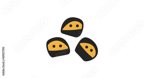 Abstract illustration of three ninja-like shapes with yellow eye-like details on a white background