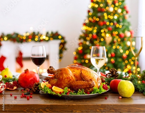 Roasted chicken on Christmas dinner table