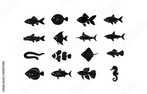 Collection of marine fish silhouettes featuring diverse aquatic species