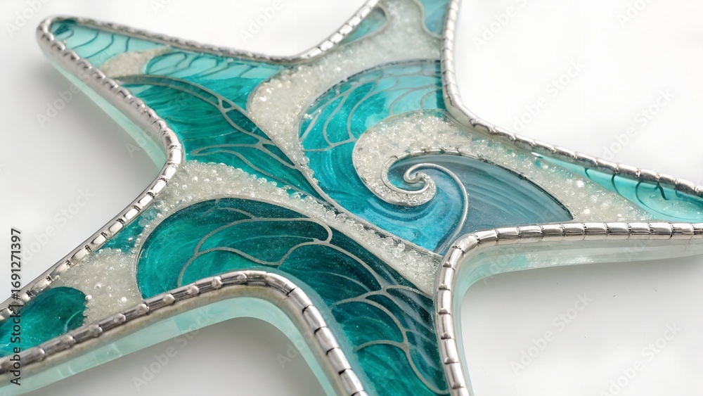 Naklejka premium A glass starfish filled with turquoise ocean waves, fractures lined with silver.
