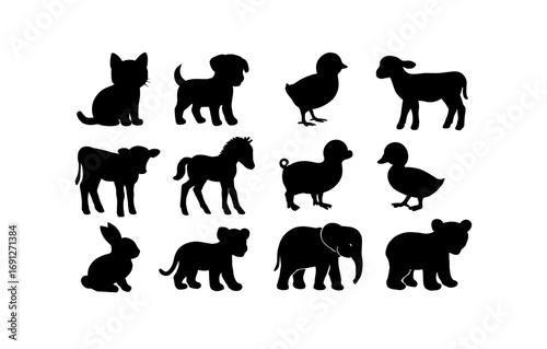 Silhouette set of baby farm and jungle animals in black on white background