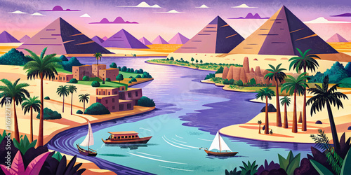 Nile River in Egypt, world’s longest river, ancient civilization, pyramids, fertile delta landscapes, cultural heritage