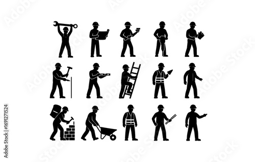 Silhouette set of construction workers in various poses with tools and equipment
