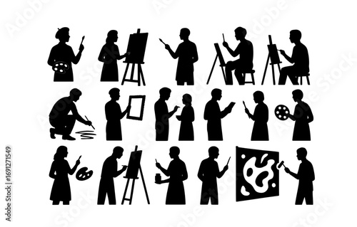 Set of artist silhouettes engaged in creative painting activities on canvas