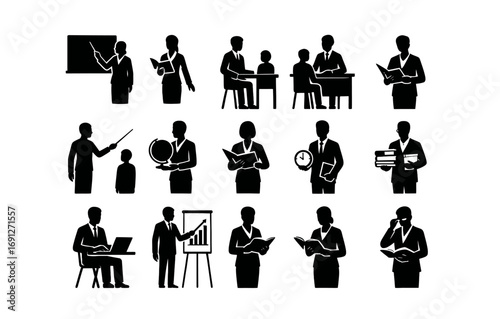 Silhouette icons of educators and business professionals engaged in various activities