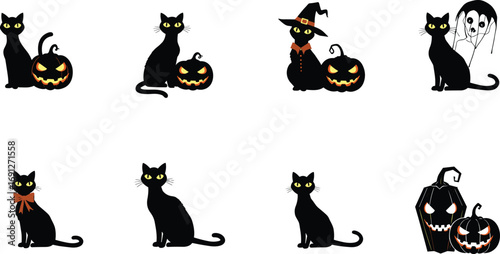 Halloween black cats with glowing pumpkins, witches hats, spooky coffins, and creepy masks perfect for festive and scary seasonal designs.