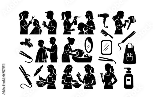 Silhouette hairstyling set: haircuts, styling, and tools in black and white