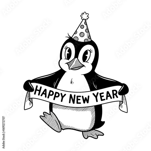 Happy New Year Penguin Cartoon Illustration