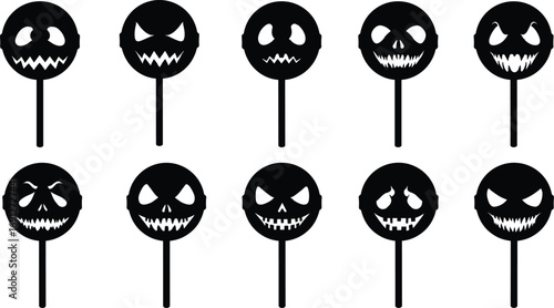 Scary Halloween lollipops with creepy monster faces, jagged teeth, evil eyes, spooky candy sticks, trick or treat vector illustration art.