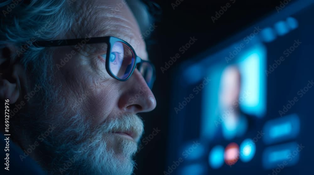 Senior man in glasses intently watching a video call or digital screen ...