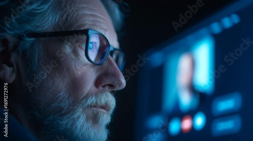 Senior man in glasses intently watching a video call or digital screen in a dark room, cyber security footage.