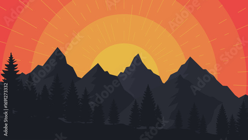 Mountain sunrise illustration. Vector background in flat style