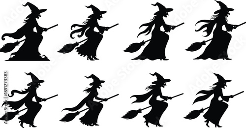 Silhouette Set of Flying Witch on Broomstick in Various Poses for Halloween, Magic, Fantasy, and Spooky Themed Designs