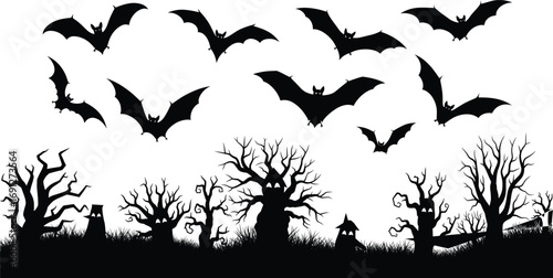 Spooky Halloween landscape with haunted houses, bats, twisted trees, and eerie terrain for horror themes, fantasy design, and gothic illustration