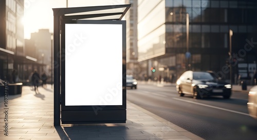 Fototapeta Naklejka Na Ścianę i Meble -  Blank Vertical Billboard Mockup at Urban Bus Stop During Golden Hour Sunset