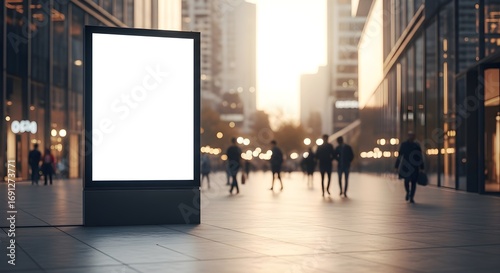 Blank Vertical Digital Billboard Mockup in Modern City Street at Golden Hour with Blurred People