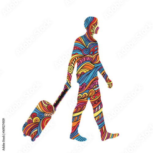 Colorful silhouette of a traveler with a suitcase in whimsical patterns