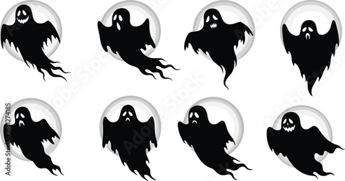 Stylized spooky ghost icons with glowing faces and circular backgrounds for Halloween, horror design, supernatural themes, and eerie decorations