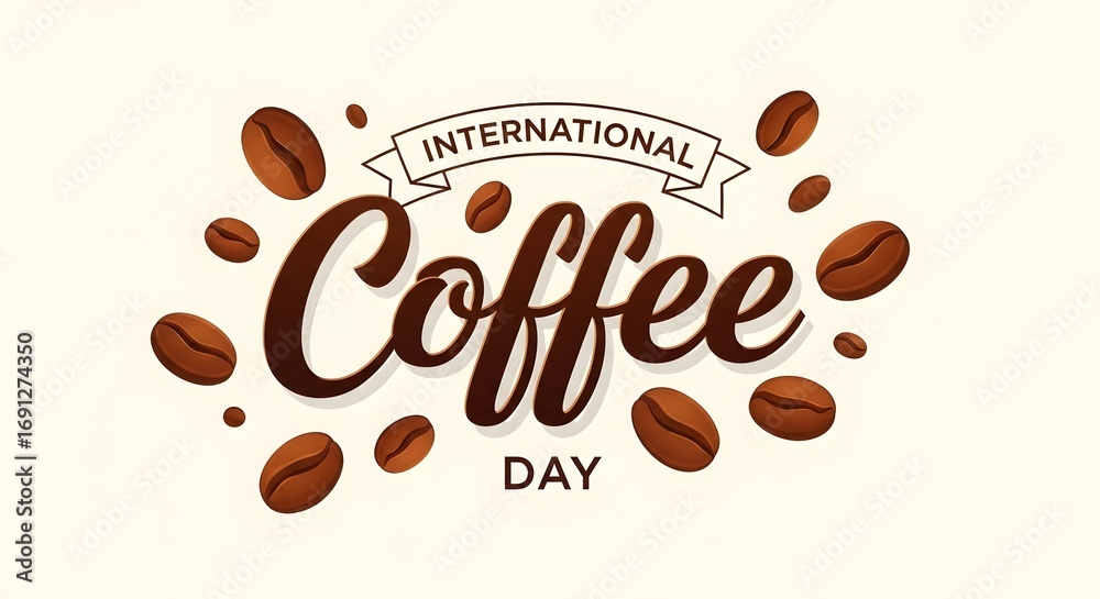 Obraz premium International Coffee Day Celebration Banner with Hand-Lettered Typography and Scattered Roasted Coffee Beans on Light Background