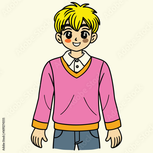 Charming anime style boy with blonde hair and pink sweater ready for school adventures vector